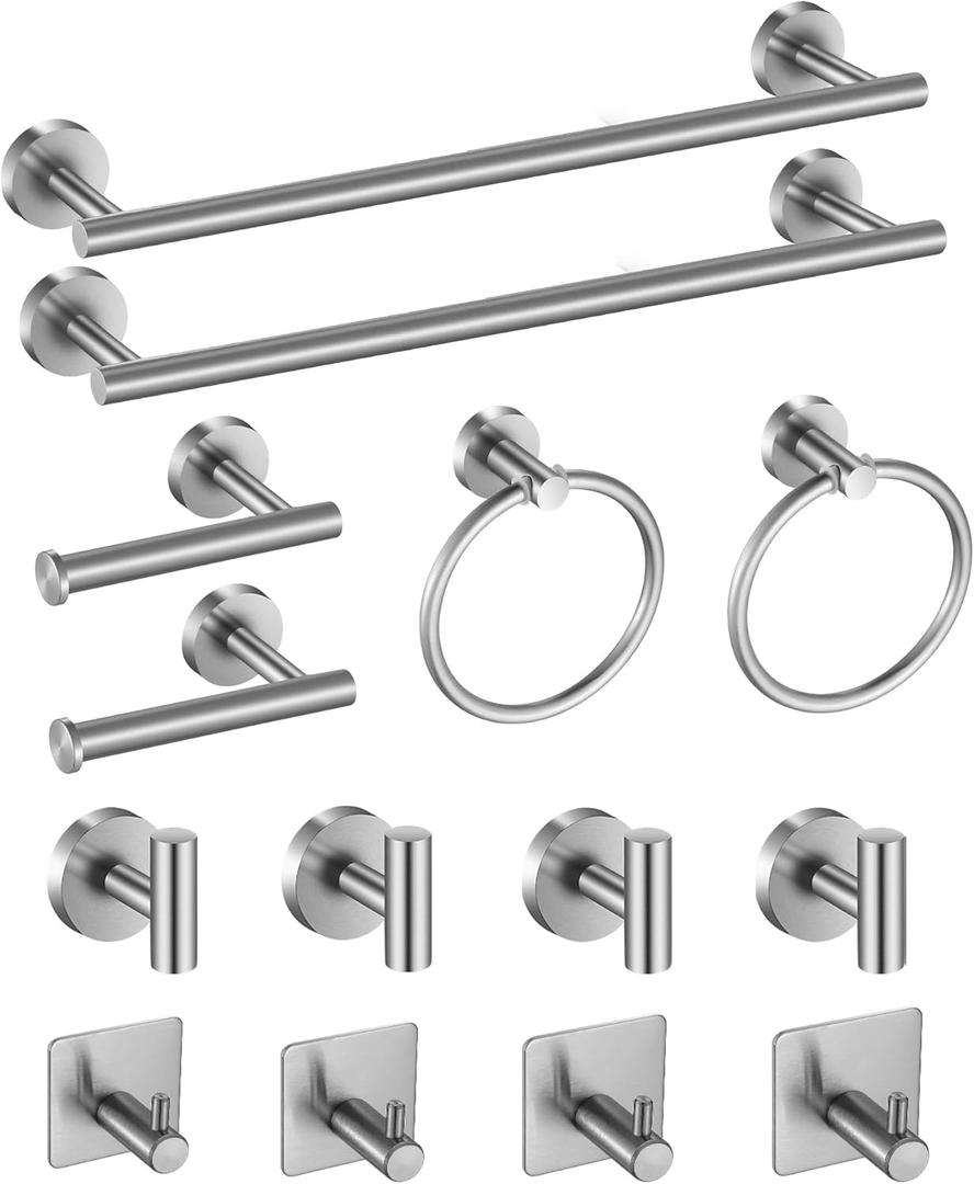 14-Piece Bathroom Hardware Set Premium Brushed Stainless Steel Towel Bar Set - 2 Towel Bars, 2 Toilet Paper Holders, 2 Towel Rings, 8 Hooks