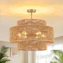 23.6" Rattan Light Fixtures Ceiling Mount, 6-Light Boho Flush Mount Ceiling Light with 3-Tier Hand-Woven Drum Shade, Rustic Rattan Chandelier for Dining Room Living Room Kitchen Island Farmhouse Foyer
