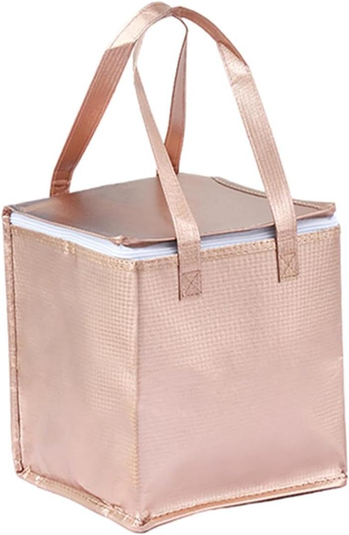 10.2×10.2×12.6" Reusable Insulated Zipper Aluminum Foil Tote Bag Suit for Picnic Cake FruitDrink Refrigeration Also for Delivery of Takeaway Thermal Pizza Insulated Delivery (Laser Rose Gold)
