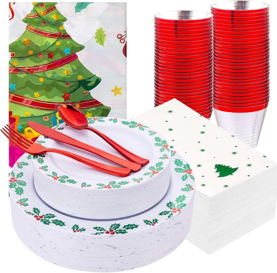 GATHER 176Pcs Christmas Plastic Plates - Heavy Duty Christmas Dinnerware Set Includes 50 Plates, 75 Red Plastic Silverware, 25 Cups, 25 Napkins and 1 Tablecloth for Xmas Party (Green)