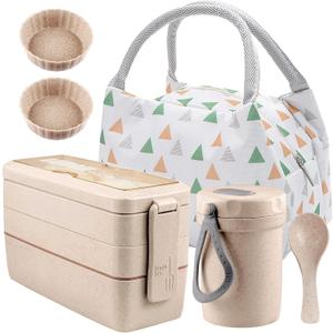 Iteryn Stackable Bento Box with Lunch Bag, 3 Compartment Japanese Lunch Containers, Wheat Straw, All-in-1 Bento Lunch Box Kit for Adult Meal Prep Lunch Snack (Beige)