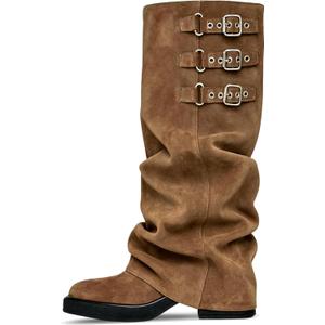 ClassicSter Fold Over Knee High Boots Slouch Boots for Women Chunky Goth Platform Boots,2 inch Heel Wide Calf Long Boots Square Toe Riding Boots (6, 101-khaki)