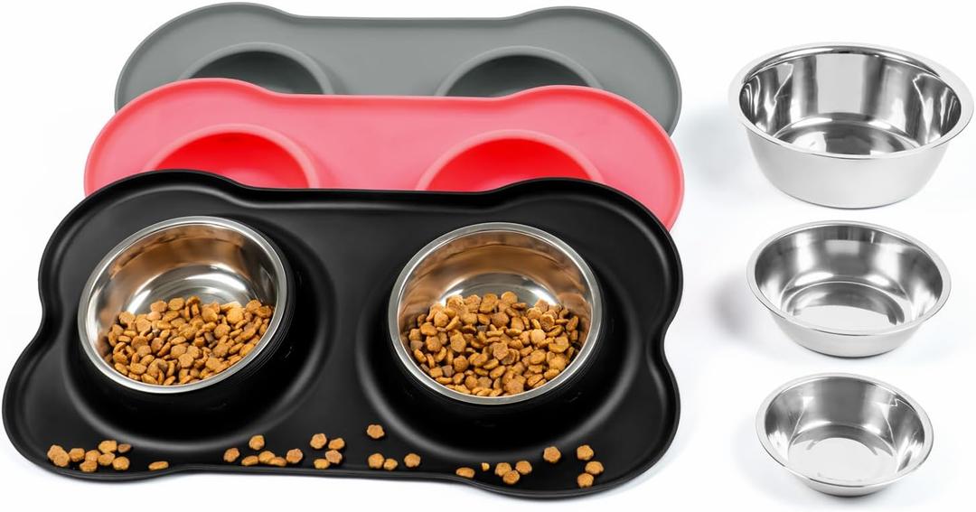 Stainless Steel Dog Bowls with Non-Slip Silicone Mat, Spill Proof Food & Water Bowls Set, Easy Clean Puppy Food Dish, Dishwasher Safe, Suitable for Dogs Cats Pet Under 20lbs, Small, Black (Small-13 oz)
