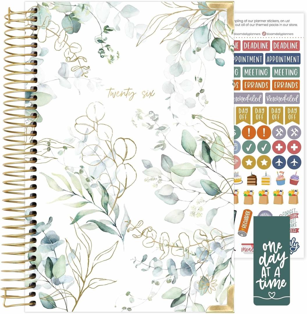 Bloom Daily Planners HARDCOVER 2026 Planner (January to December) - A5 Task Goal Organizer - Monthly & Weekly Inspirational Agenda Book - 5.5" x 8.25" - Eucalyptus, White