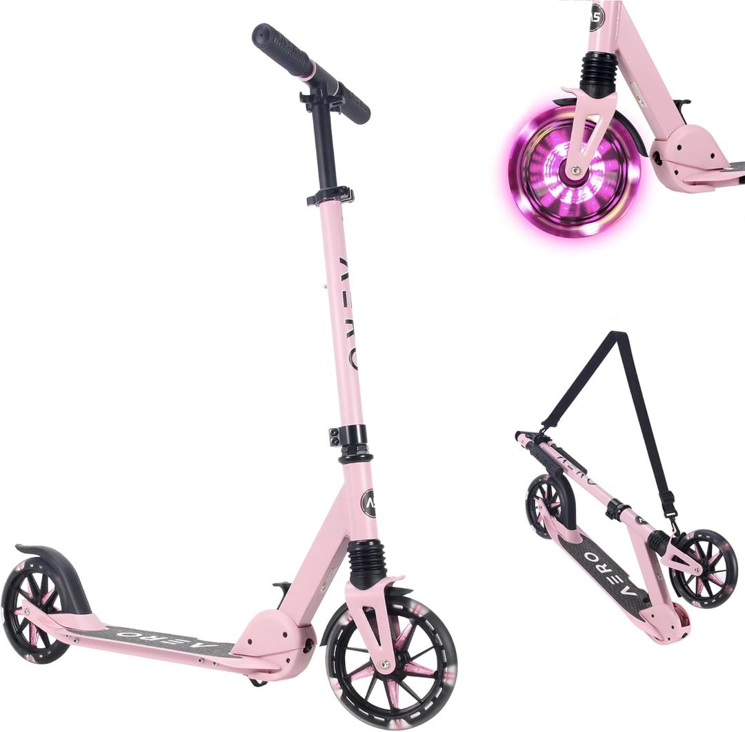 AERO MOBILITY Kick Scooter for Kids 6+, Teens & Adults | Light Up Wheels, Hand Brake, Rubber Deck Mat & Shock Absorption | Foldable & Height Adjustable, Pink