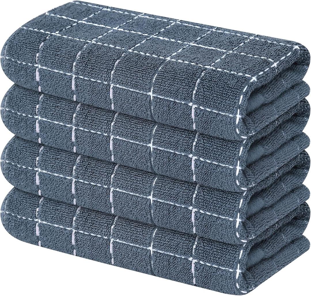 Mordimy 100% Cotton Terry Cloth Kitchen Towels, Super Soft and Absorbent Dish Towels for Drying, Checkered Designed Hand Towels for Kitchen, 16 x 26 Inches, 4 Pack, Grey