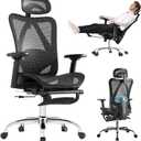 Ergonomic Office Chair, 3-Level Tilt Backrest, 3D Headrest & Armrest and Retractable Footrest, Mesh Breathable SGS Class 4 Gas Clylinder, Dark Grey and Black