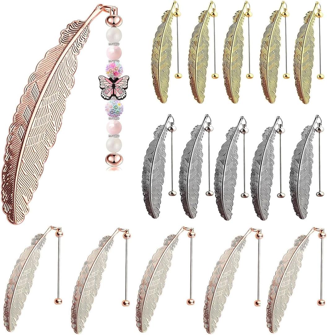 15 Packs Beadable Bookmarks Feathers Metal DIY Bookmark for Beaded Bar Bulk Blank Silicone Beads Pendants Charms Beading Book Marks Maker Craft for Book Love (Silver, Rose-Gold, Gold)