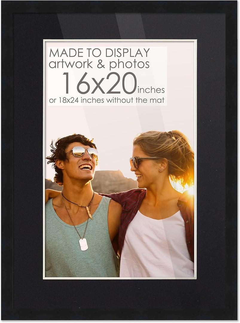 16x20 Frame Black Wood with Black Mat | 18x24 Frame Matted to 16x20 | Display Your Picture Under UV Acrylic Shatter Guard Front, with Foam Board Backing and Wall Hanging Hardware - Wood Frame