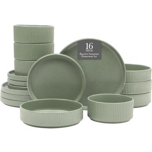 Gibson Elite Deerfield 16-Piece Stoneware Dinnerware Set  Matte Green Stackable Plates and Bowls, Reactive Glaze Finish, Service for 4  Microwave & Dishwasher Safe