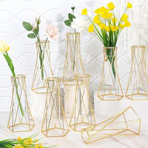 Roshtia 8 Set Gold Flower Vases for Centerpieces Metal Geometric Test Tube Vases Modern Hydroponic Flower Stand with Glass Cylinder for Plant Wedding Office Home Table Decoration