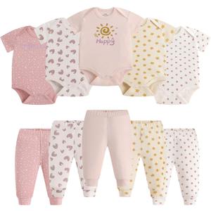 Infant Unisex Baby Bodysuit and Pant Sets Layette 10-pcs Cotton Soft Newborn Boy Girl Clothes Outfits (Pink, S)