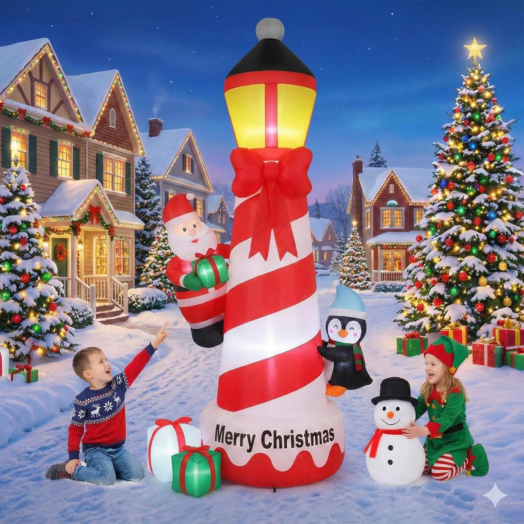 9FT Christmas Inflatables Decorations, Outdoor Santa Lighthouse Giant Blow Up with Built-in LED Lights for Yard Garden Lawn Holiday Decor