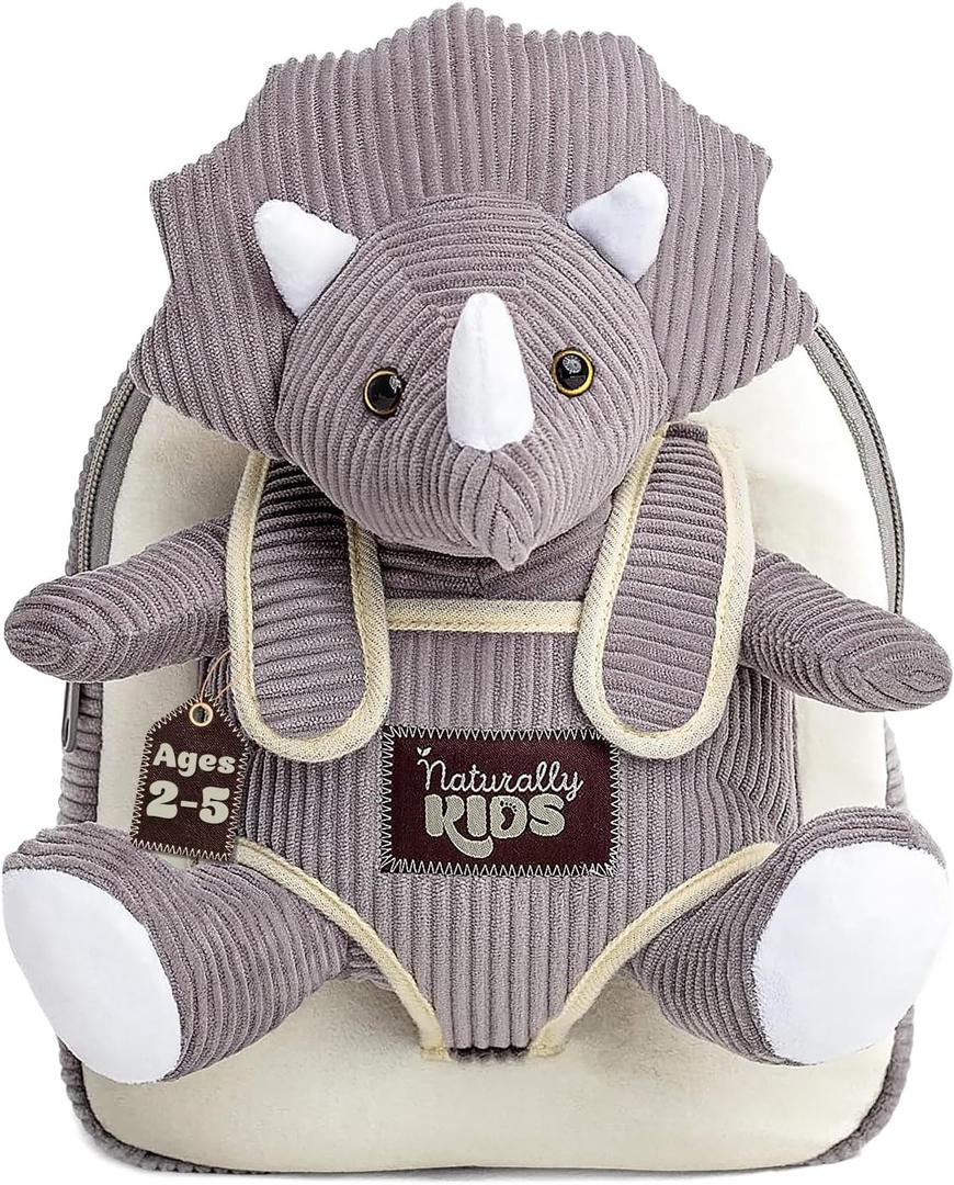Naturally KIDS Small Dinosaur Backpack - Triceratops Dinosaur Toys for Kids 3-5 - Toddler Backpack for Boys & Girls - Grey Plush Stuffed Animal