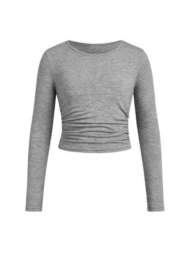 SOLY HUX Girl's Round Neck Long Sleeve Ruched T Shirt Crop Tops Slim Fit Solid Tee Solid Light Grey, 11Y