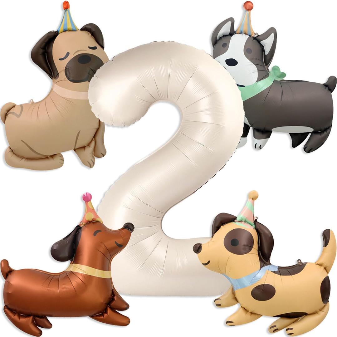 Animal Dog Balloons Puppy Balloon 40 Inch Cream White Number 2 Balloons for Dog 2nd Birthday Decorations Dogs Birthday Party Supplies