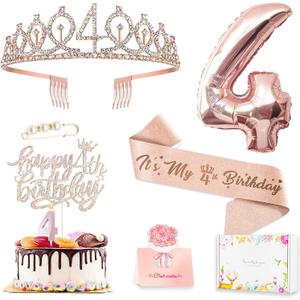 4th Birthday Decorations Girl, Including 4 year old Birthday Cake Topper, Queen Sash with Pearl Pin, Sweet Rhinestone Tiara Crown, Number Candles and Balloons Set, Rose Gold