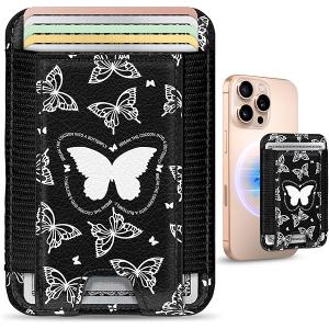 Toycamp Compatible with Magsafe Wallet Magnetic Card Holder - for Women Leather Phone Wallet Fits 7 Cards Slim RFID Card Holder for iPhone 16/15/14/13/12 for Samsung S25 Ultra/S24 Ultra, Butterfly Black