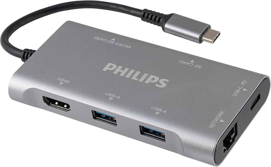 Philips USB C Hub with Power Pass-Through, 7-in-1 Multiport Adapter, 1 HDMI 4K@30Hz, 60W USB-C Power Delivery, 2 USB 3.0, 1 Ethernet, 1 SD 1 MicroSD Card Reader, DLK9120C/27