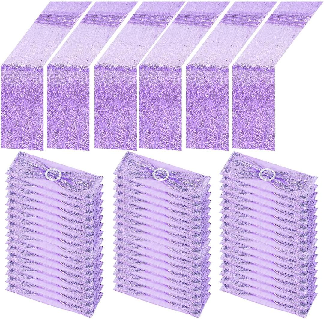 Newwiee 54 Pcs Rose Purple Sequin Chair Sashes and Table Runners, 48 Sequin Chair Bows, 6 Glitter Table Runners for Birthday Party Wedding Banquet Holiday Decorations