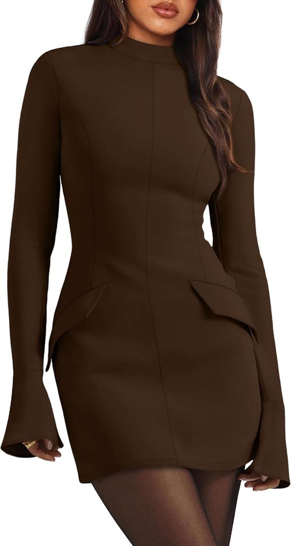 OFEEFAN Women's Fall Long Sleeve Mock Neck Dress Basic Party Club Bodycon Mini Dresses (Medium, Coffeebrown)