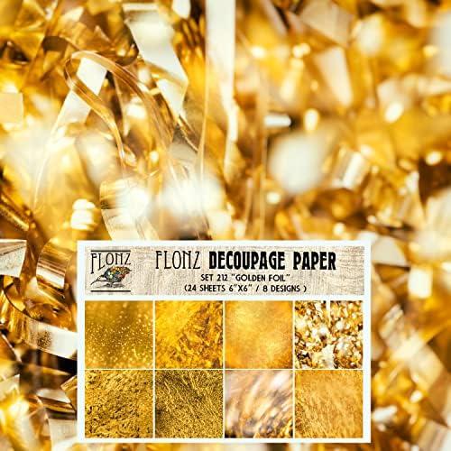 Decoupage Paper Pack (24 Sheets 6"x6") Golden Foil # Vintage Styled Seamless Art Deco Pattern Paper for Decoupage, Craft and Scrapbooking