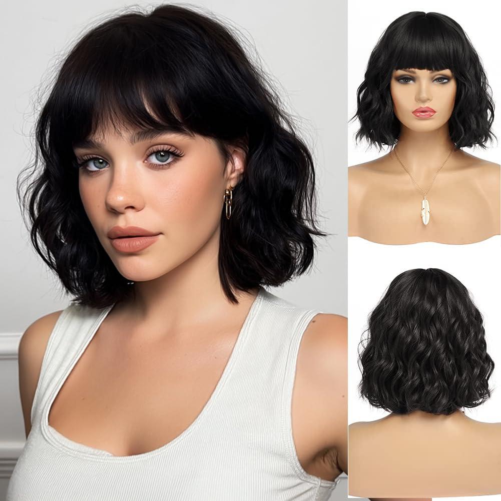 Short Black Bob Wig With Bangs Synthetic Natural Hair Wigs for Women Shoulder Length Wavy Wig 1B Water Wave(14Inches)