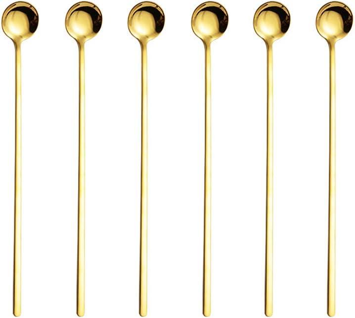 Gold 6PCS Stainless Steel Long Handle 9.45-Inch Iced Tea & Coffee Spoons