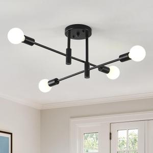 NILSE Modern Sputnik Chandelier, 4-Light Industrial Semi Flush Mount Ceiling Lights Fixture, Farmhouse Ceiling Mount Lighting Fixtures for Dining Room Bedroom Living Room Foyer Kitchen (4Light-E26-Black)