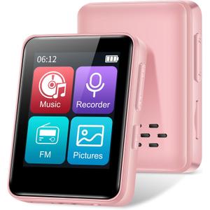 MP3 Player with Bluetooth, 1.8 inch Screen Portable Music Player with Speaker, FM Radio, Recorder, Expansion to 512GB, Pink with 32GB Micro SD Card