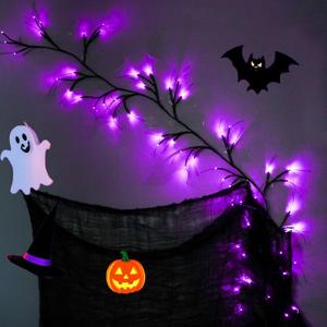 54LED Halloween Willow Vine Twig with Purple Lights, 8 Lighting Modes, Battery Operated Garland for Wall Fireplace Mantle Home Dcor