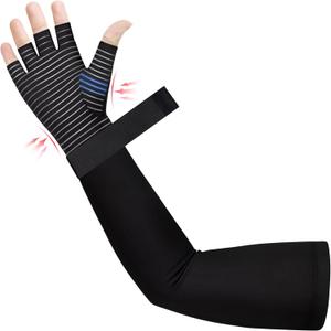 Copper Long Compression Arthritis Glove with Wrist Strap (1 Pcs), 20-30 mmHg Lymphedema Compression Arm Sleeve with Gauntlet, Fingerless Graded Pressure Full Arm and Hand Support for Men Women (X-Large, Right Hand Black)