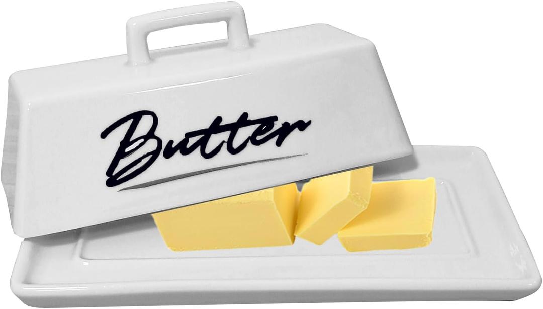 Butter Dish with Lid, Ceramic Butter Dish with Lid for Countertop, White Butter Tray, Kitchen Butter Keeper, Butter Container, Butter Holder, Microwave and Dishwasher Safe;