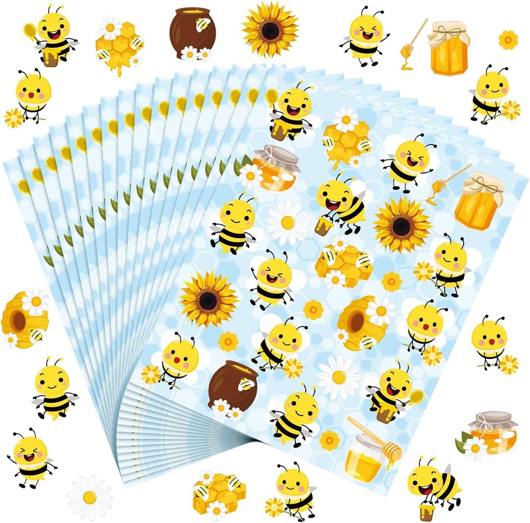 Teling 500 Pieces Bee Theme Stickers for Kids Honey Stickers Cute Waterproof Summer Bee Decals for Teachers Students Reward Spring Classroom Party Birthday Baby Shower Decoration