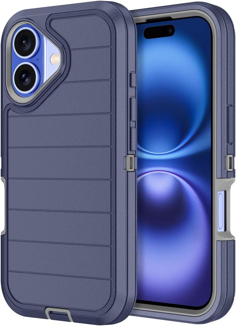 for iPhone 16 Plus Case Heavy Duty Shockproof Dropproof 3-Layer Full Body Protection Military Grade Rugged Tough Non-Slip Cover Case for Apple iPhone 16 Plus 6.7",Navy Blue/Grey