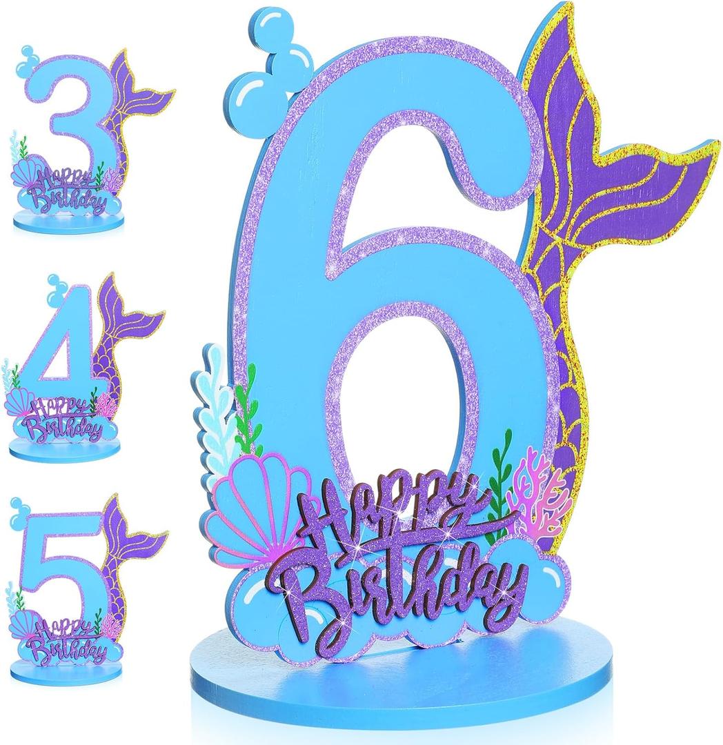 Mermaid Birthday Number Sign Centerpiece for Girls Wooden Mermaid Party Number Table Sign Decoration Supplies for Birthday Anniversary(Number 6)