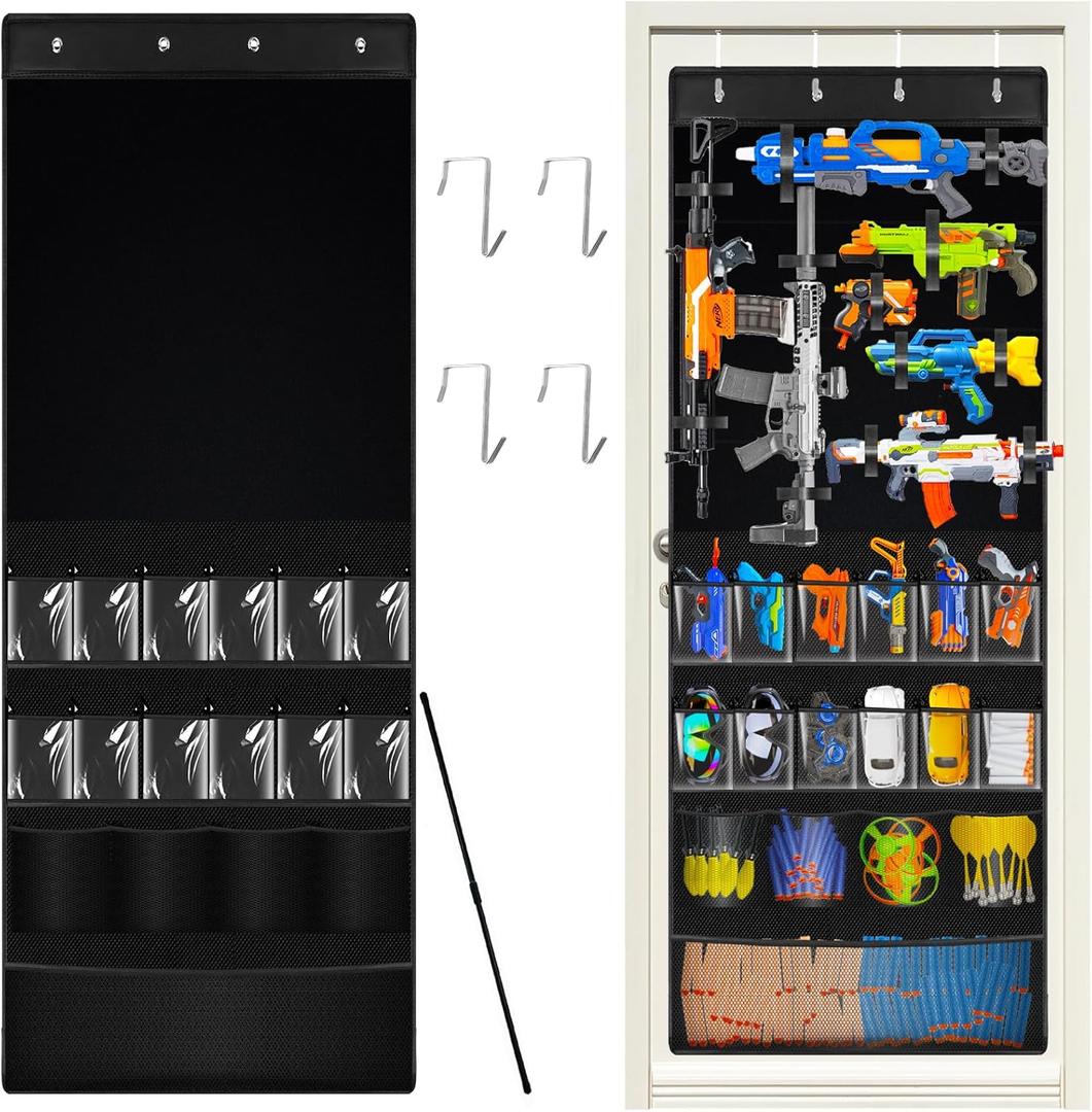 Over the Door Organizer for Gun Toy Storage, Large Door Organizer Hanging for Kids Foam Blaster, Darts, Goggles Holder & Accessory, Heavy Duty Door Storage for Kids Room, Playroom (Black)