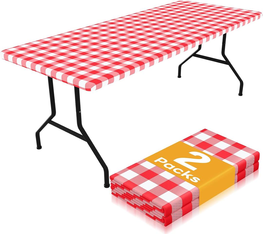 Smiry Picnic Table Cloth 2 Pack, Waterproof Elastic Fitted Tablecloths for 4FT Rectangle Tables, Washable Polyester Buffalo Plaid Tablecloth for Camping, Dining & Christmas(Red & White, 30" x 48")