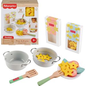 Fisher-Price Wood Pretend Cooking Set, Pots & Pasta Chef, 31 Pieces Play Food & Wooden Utensils for Preschool Kids Ages 3+ Years