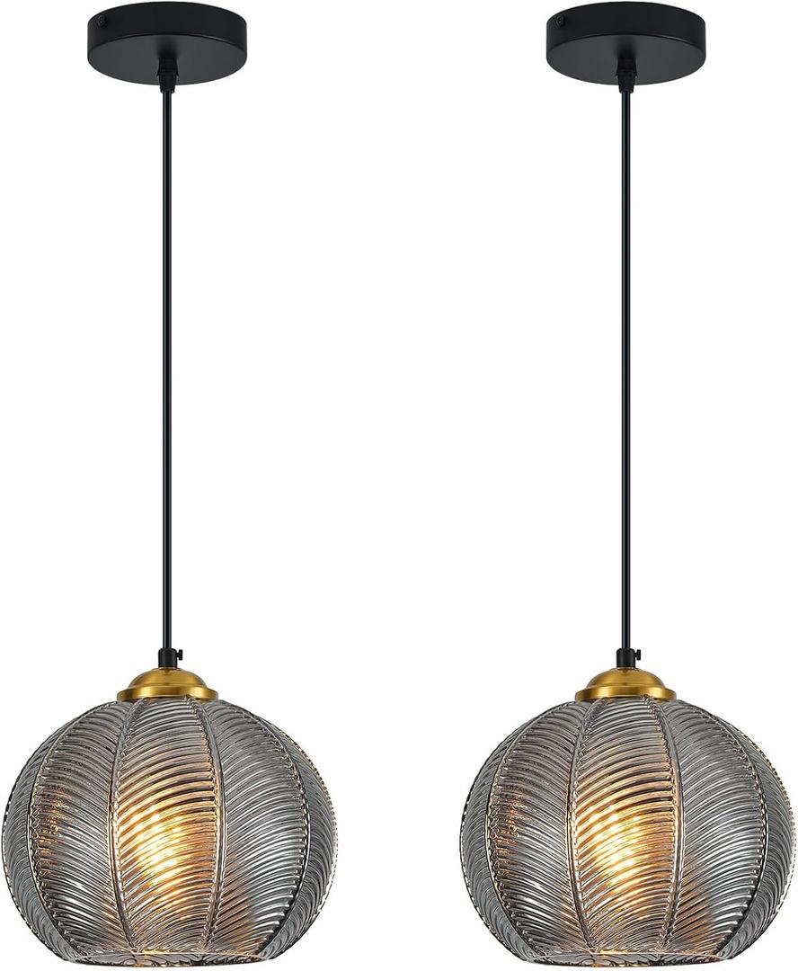 Smoke Gray Glass Pendant Lights Kitchen Island 2 Pack 7.48 in Hand Blown Glass Globe Pendant Light Fixtures Modern Pendant Lighting for Kitchen Island Bedroom Dining Room