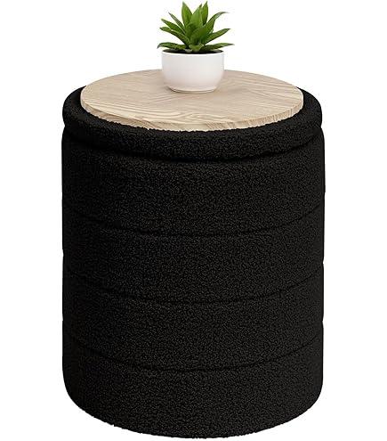 ZOLANOful 18" Tall Round Boucle Storage Ottoman, Sherpa Teddy Fabric Ottoman Footstool with Wooden Tray Reversible Lid, Folding Footrest with Storage for Living Room, Bedroom, Dorm, Black