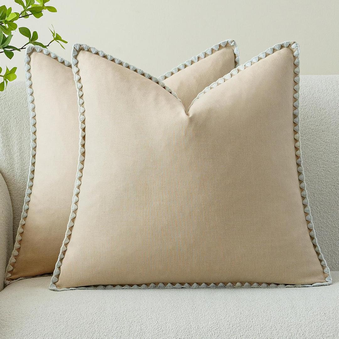 Linen-Look Pillow Covers Set of 2, Decorative Throw Pillow Covers 20 x 20 Inch, Neutral Boho Shell Seamed Cushion Soft Farmhouse Vintage Cozy Home Decor for Living Room Bedroom, Beige