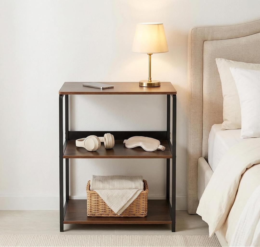 Side Table for Living Room, 3-Tier End Table for Small Space with Wide Storage Tabletop, Rustic Brown Narrow Nightstand for Bedroom, Sofa Couch&Office