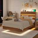 Feonase Floating Bed Frame Twin with Led Lights and Charging Station, Wood Full Size Bed Frame with Storage Headboard, Heavy Duty Metal Slats, No Box Spring Needed, Easy Assembly,Walnut