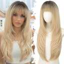 Eawwii Long Blonde Wig with Bangs for Women- Dark Root to Blonde, 4x4 Realistic Scalp, Free Parting, Layered Hairstyle Synthetic Heat Resistant for Daily Party Use 26 inch
