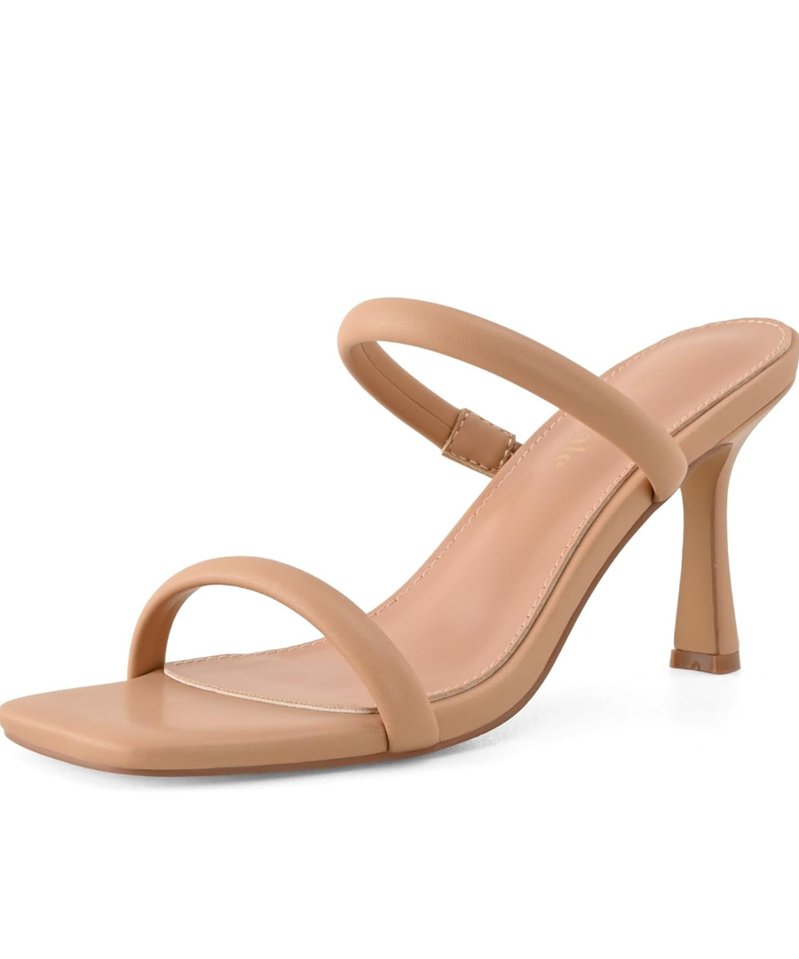 Shoe'N Tale Women's Strappy Heels Kitten Heeled Mules Two Straps Square Open Toe Slip On Sandals, Size 7.5, 
Nude