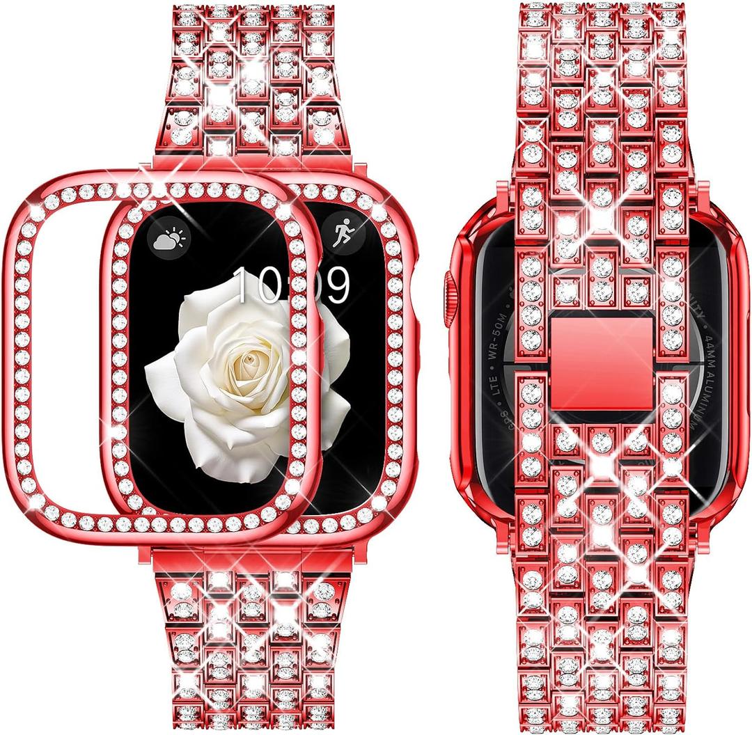 Supoix Compatible with Apple Watch Band 42mm (Series 11/10) Case, Women Jewelry Bling Diamond Rhinestone Replacement Metal Bands & 2 Pack PC Protector Case for iWatch Ultra 3/2/1 Series 11/10/9/8/7/6/5/4/3/2/1/SE
