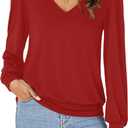 Vrtige Women's Casual Banded Bottom V Neck Puff Long Sleeve Tunic Top Blouse Shirt (Medium)