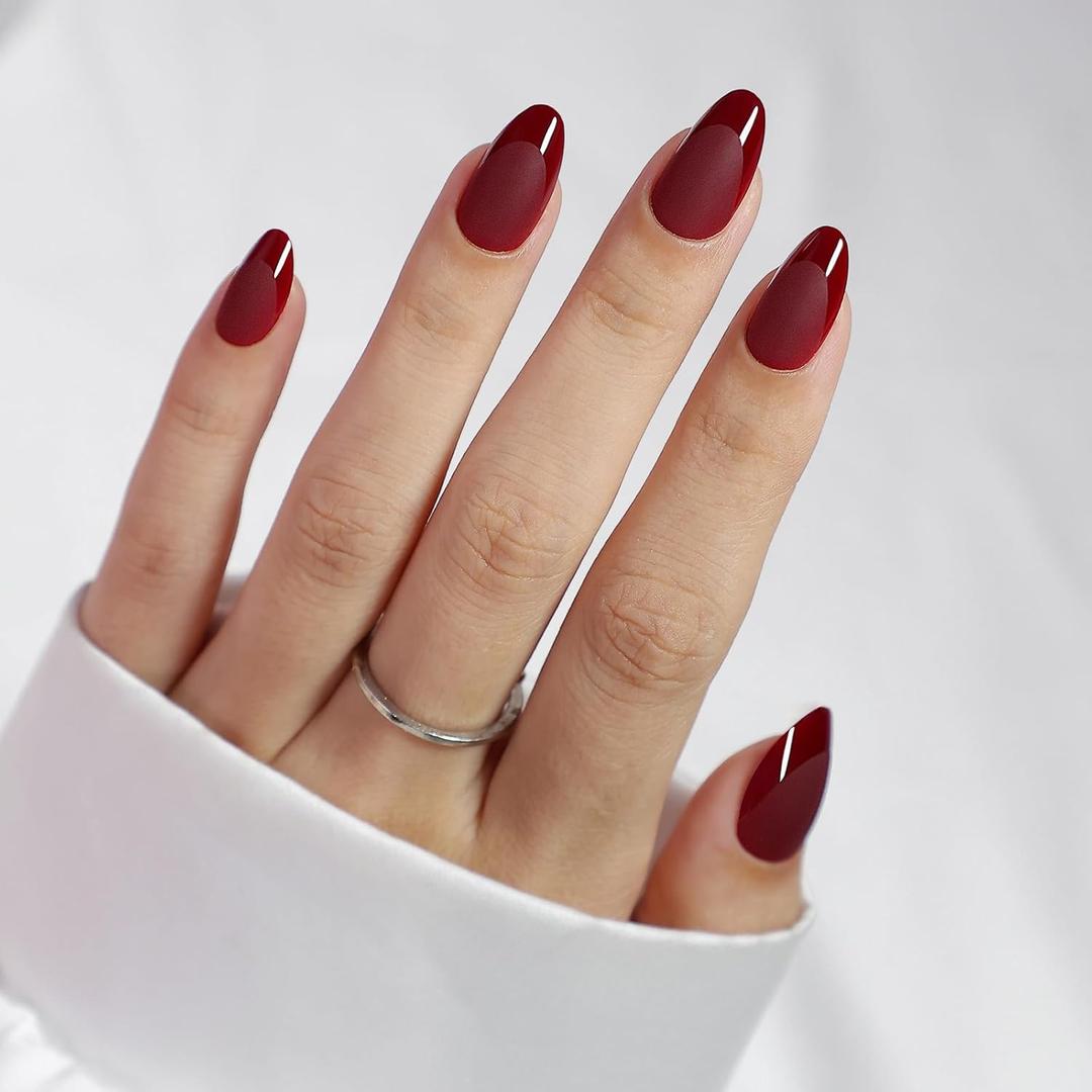 Soft Gel Red Press on Nails Almond - Christmas Short Nails with Glossy French Tips in a Matte Finish, Stick on Nails with Glue in 16 Sizes - 32 Reusable Fake Nails for Women, Ancora