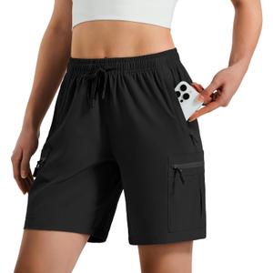 Hugut Women's Lightweight Hiking Cargo Shorts Quick Dry Athletic Shorts Camping Travel Golf Zipper Pockets Water Resistant (Black, L)